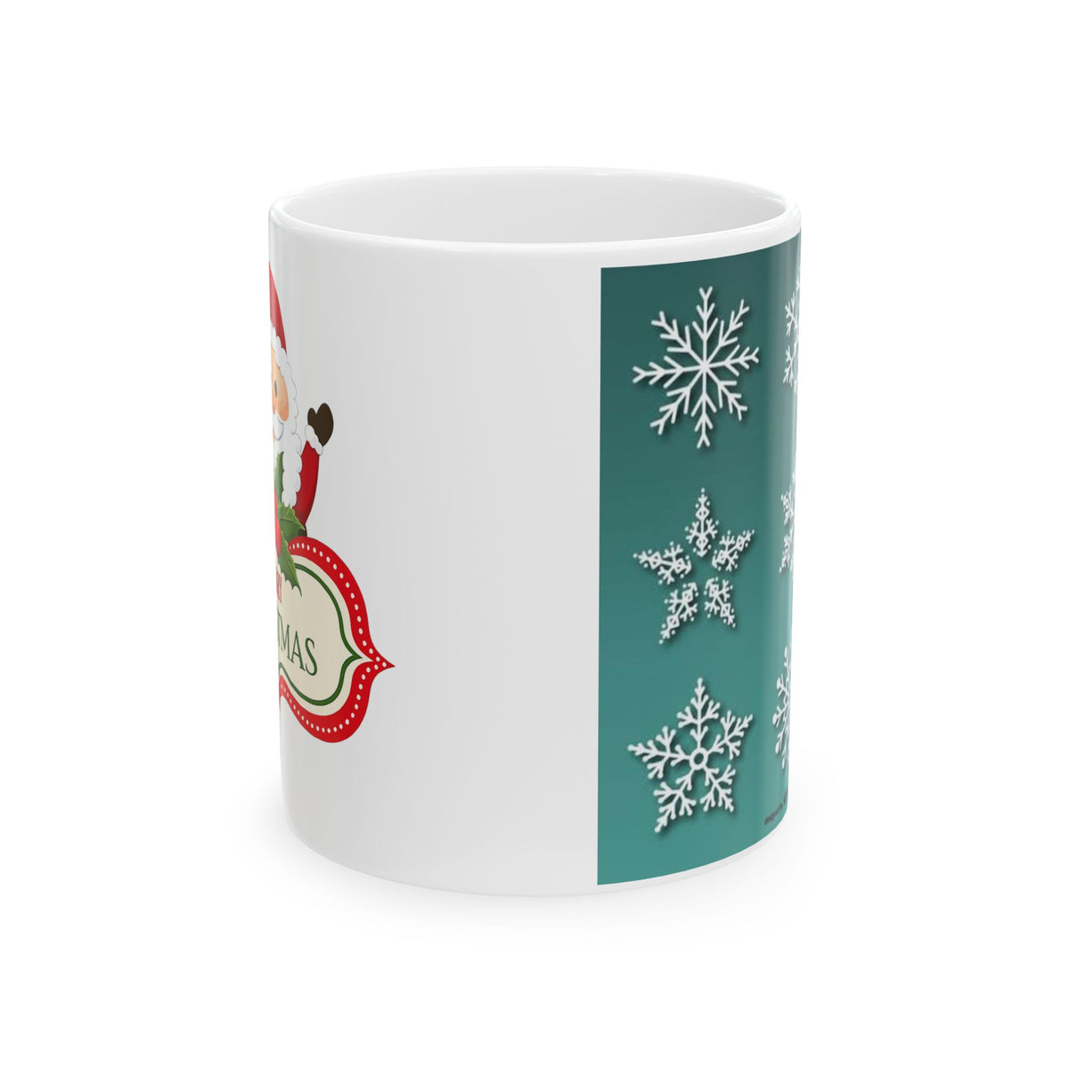 Christmas Santa Mug – Green Snowflake Holiday Coffee Cup | Helping Hands Orphanage – Designed by Osnel