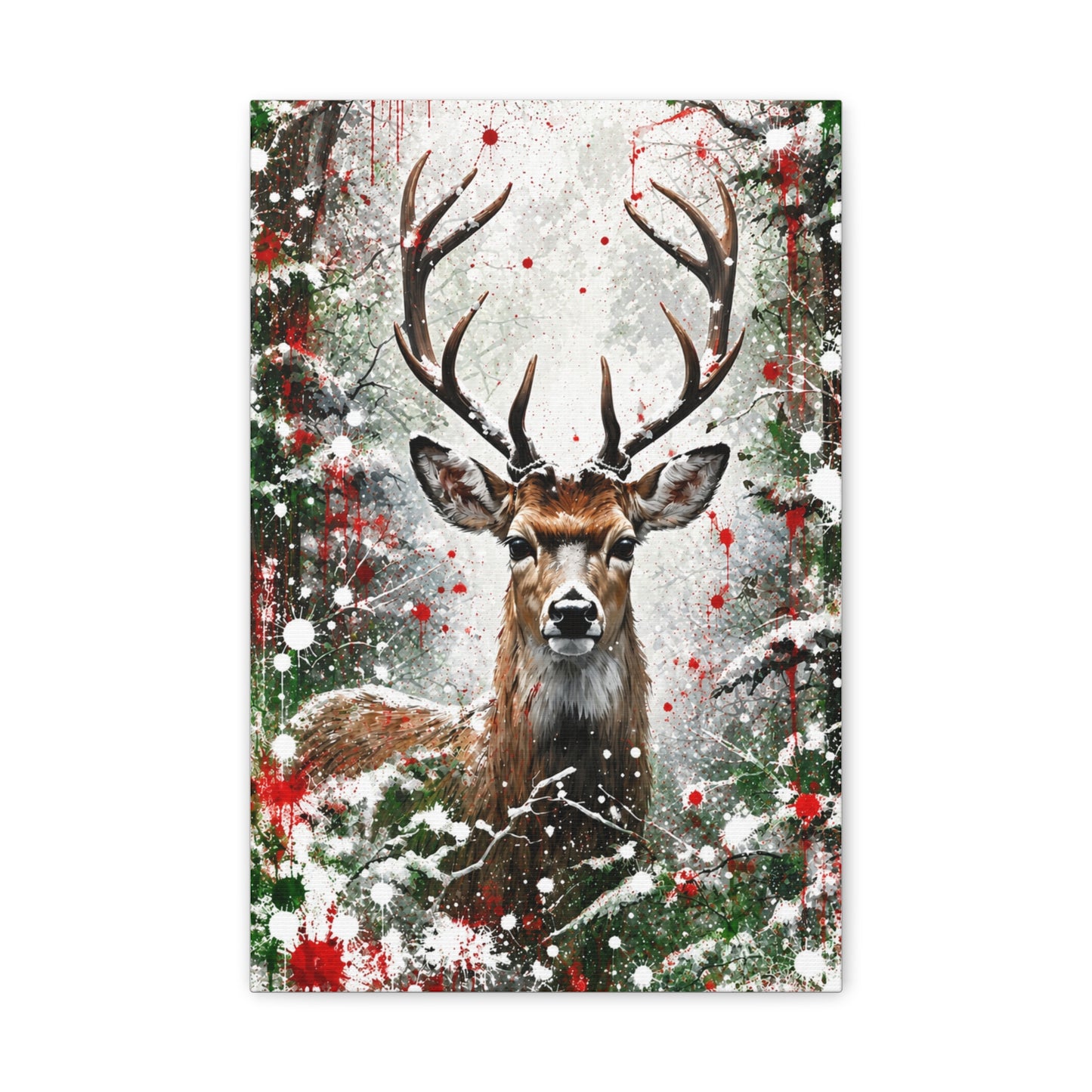 Winter Wildlife Canvas Buck Deer Wall Art Print Christmas Holiday Display Rustic Nature Inspired Design Contemporary Farmhouse Style Seasonal Home Wall Hanging Red Green White Artistic Splashes Perfect Gift Collection Living Room Bedroom