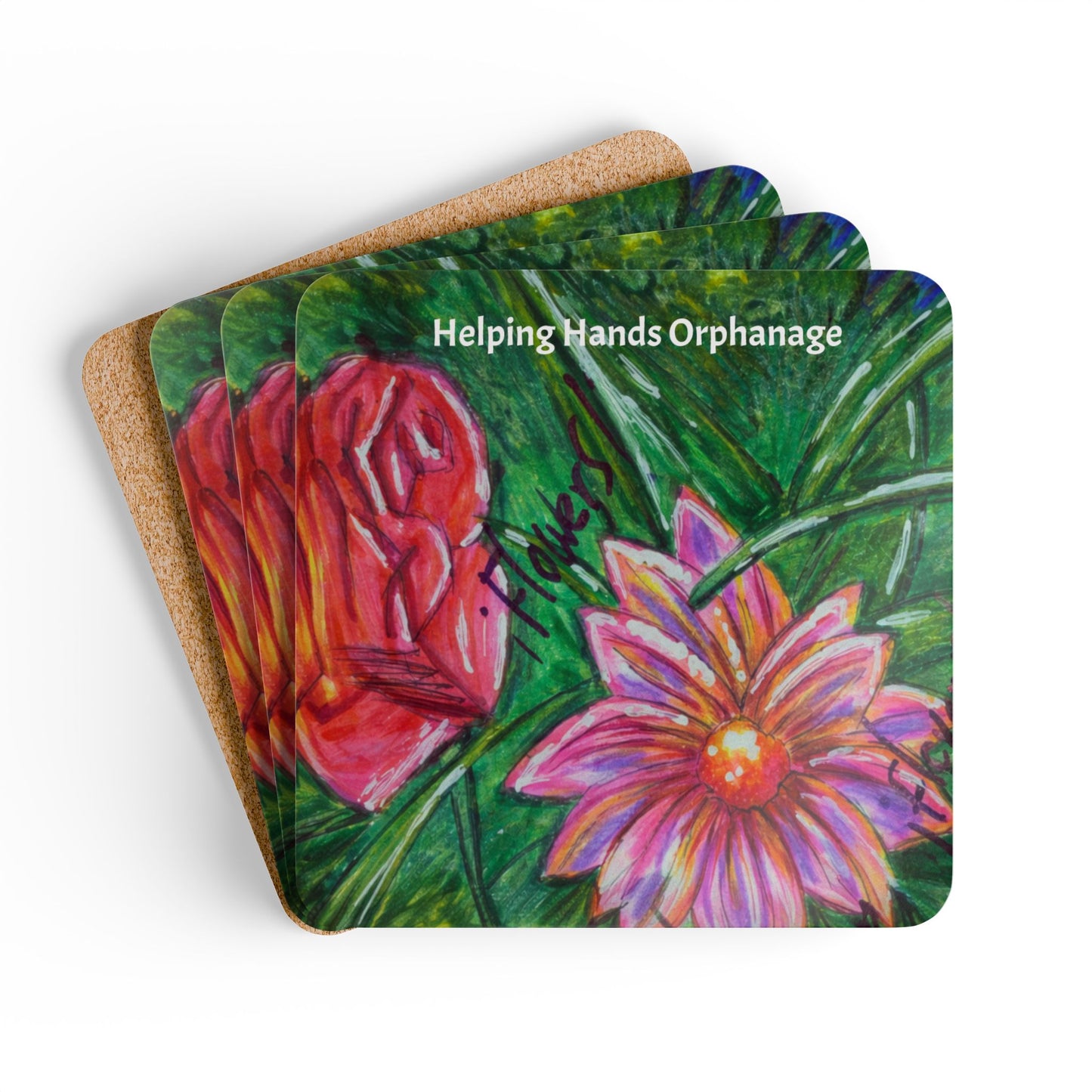 Cork Coaster Set — "Helping Hands Orphanage" Floral Artwork