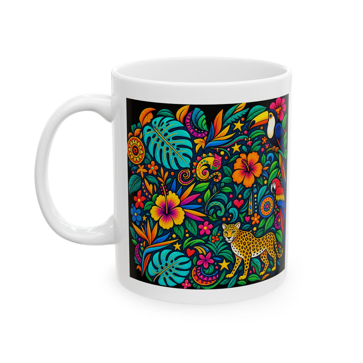 Colorful Folk Art Ceramic Mug – Toucan & Floral Coffee Cup | Helping Hands Orphanage – Designed by Osnel