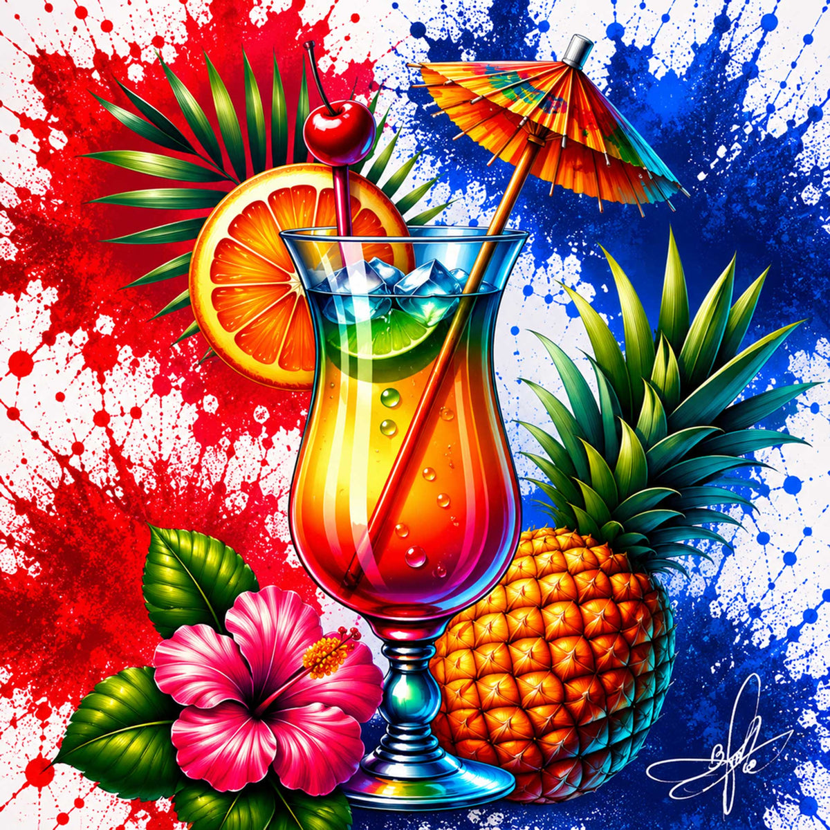 Tropical Cocktail Ceramic Coaster, 4.25" × 4.25" with Cork Backing — Designed by Bioff