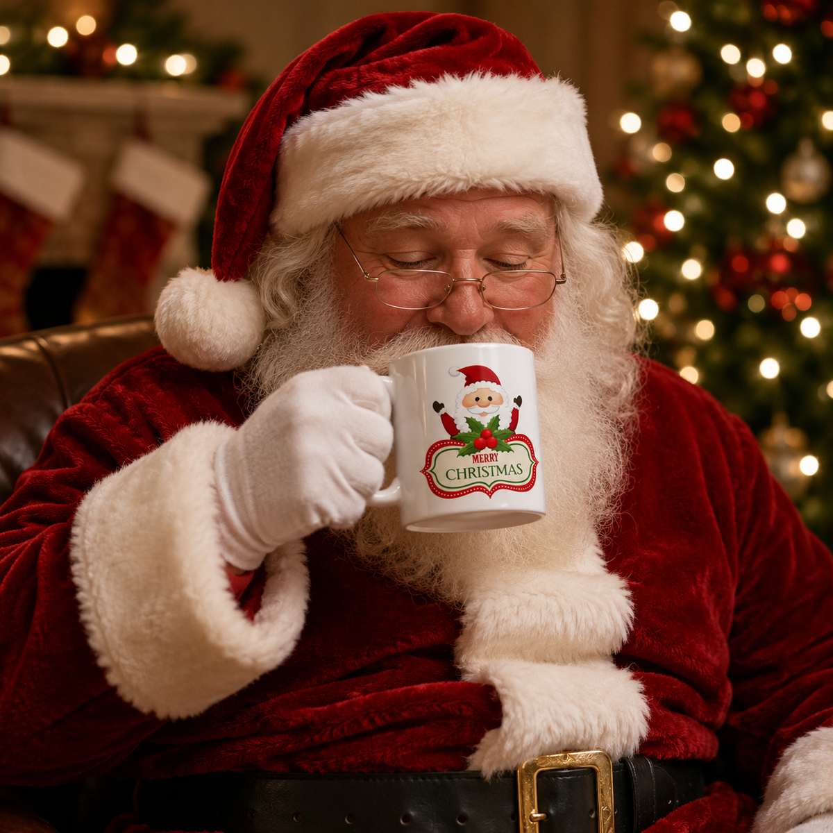 Christmas Santa Mug – Green Snowflake Holiday Coffee Cup | Helping Hands Orphanage – Designed by Osnel