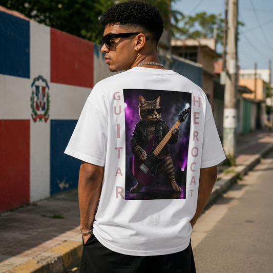 Retro Cat Playing Electric Guitar Graphic Tee - Designed by Osnel