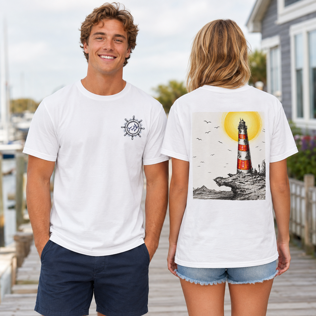 Nautical Lighthouse and Ship’s Wheel T-Shirt – Designed by Juan David