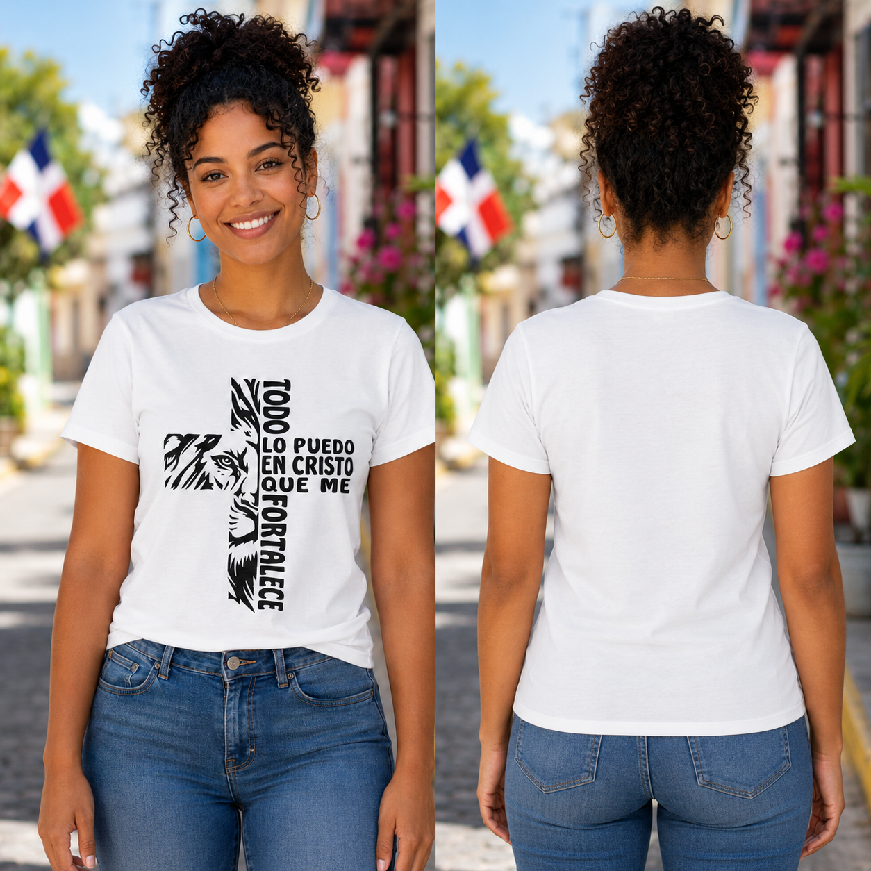 Spanish Faith Cross T-Shirt – Todo Lo Puedo en Cristo que Me Fortalece – Designed by Wilson Fritzmond