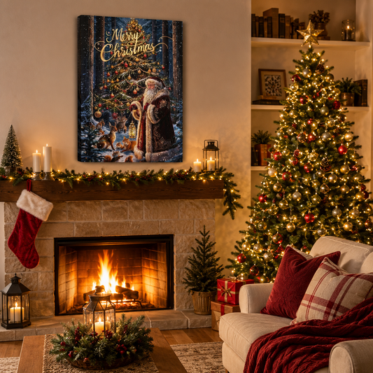 Christmas Canvas Wall Art Perfect Holiday Gift Winter Forest Scene With Santa Claus Surrounded By Woodland Animals Beneath Falling Snow Beautiful Christmas Tree Display Festive Home Styling Seasonal Wall Print Cozy Winter Atmosphere