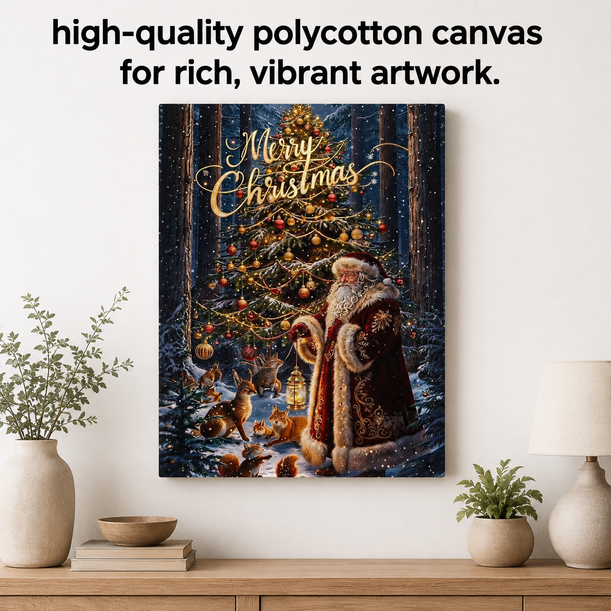 Winter Forest Scene Canvas Art Peaceful Christmas Landscape Print Featuring Santa Claus And Woodland Animals Under Snowy Sky Beautiful Christmas Tree Centerpiece Festive Holiday Wall Display Cozy Seasonal Home Styling Traditional Winter