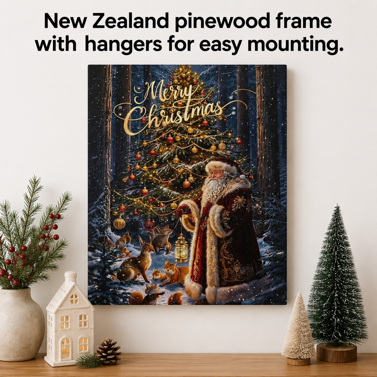Santa Claus Wall Art Canvas Print Featuring Woodland Animals Christmas Scene Winter Forest Landscape With Decorated Christmas Tree Under Falling Snow Festive Holiday Display Perfect Seasonal Gift Cozy Home Styling Traditional Christmas