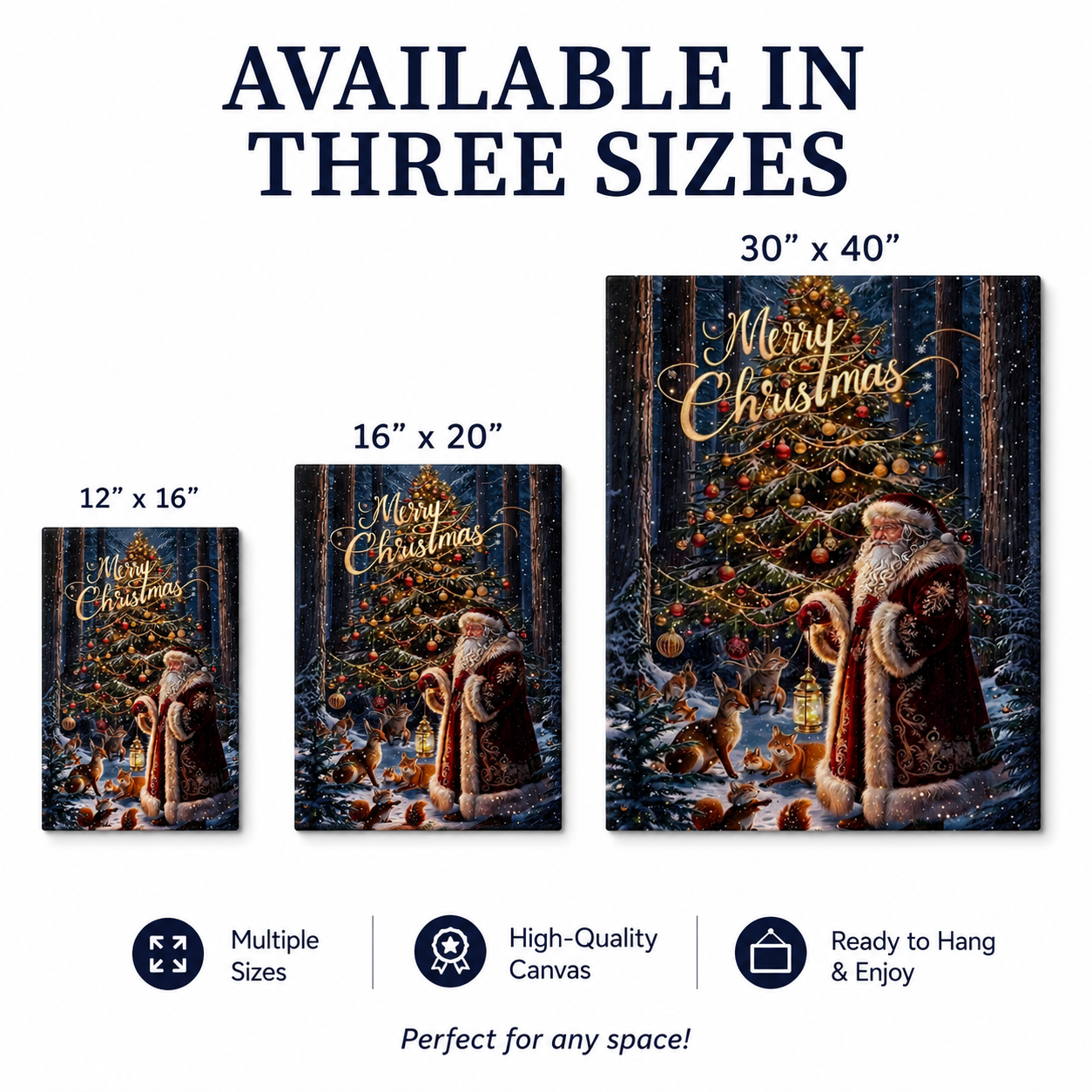 Holiday Canvas Print Festive Christmas Wall Art Winter Forest Scene Featuring Santa Claus With Woodland Animals Beneath Falling Snow Beautiful Christmas Tree Display Seasonal Home Styling Cozy Winter Atmosphere Traditional Holiday Theme