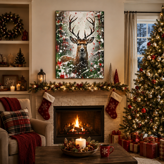Christmas Deer Canvas Wall Art Print Rustic Winter Buck Design Holiday Home Wall Display Seasonal Perfect Christmas Gift Collection Contemporary Farmhouse Style Nature Inspired Wildlife Artwork Red Green White Splashes Ready To Hang Winter