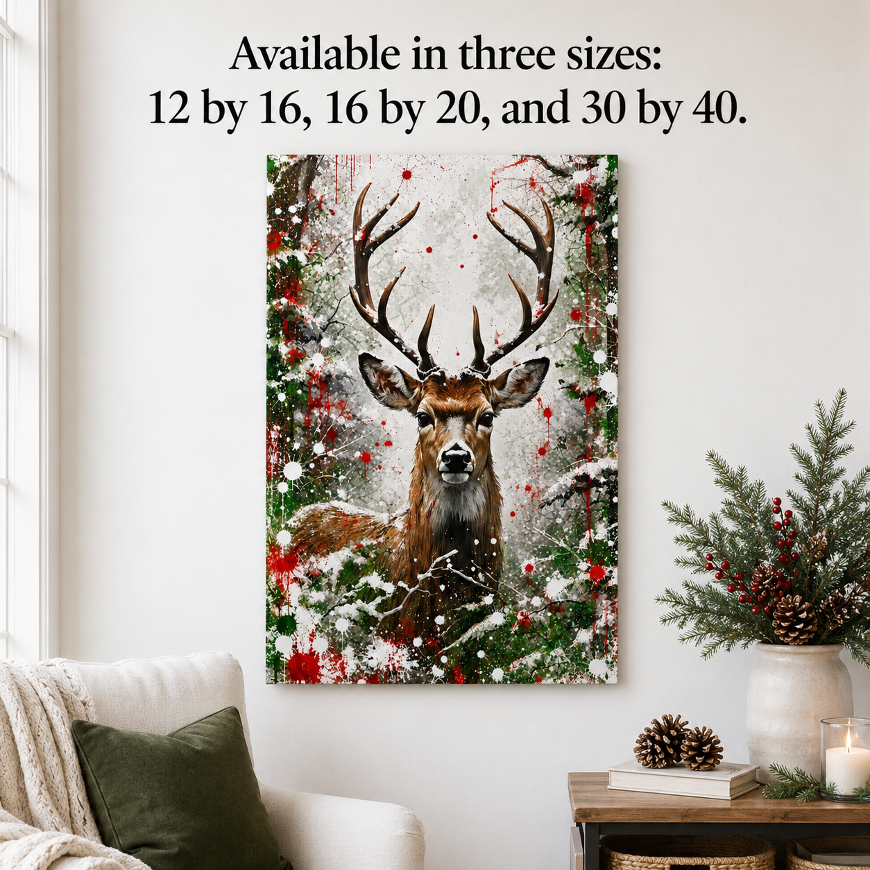 Rustic Winter Buck Canvas Print Holiday Deer Wall Art Christmas Home Display Farmhouse Style Contemporary Wildlife Design Nature Inspired Artwork Seasonal Wall Hanging Red Green White Color Palette Perfect Holiday Gift Living Room Bedroom