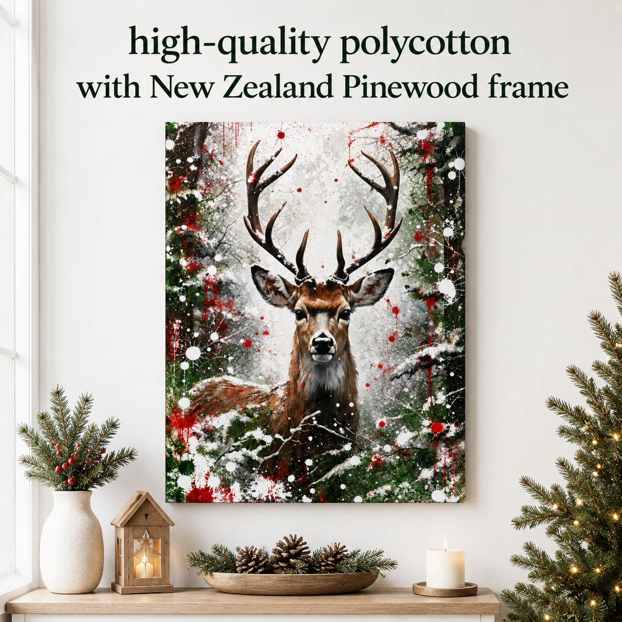 Seasonal Christmas Canvas Deer Buck Winter Wall Art Print Holiday Home Display Rustic Contemporary Design Nature Wildlife Inspired Artwork Farmhouse Style Wall Hanging Perfect Holiday Gift Red Green White Color Palette Living Room Bedroom