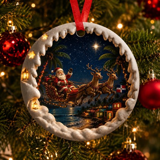 Dominican Christmas Ornament Santa Sleigh Over Caribbean Waters Tropical Holiday Decoration Palm Trees Beach Scene Dominican Republic Flag Design Turquoise Ocean View Cultural Christmas Gift Unique Tree Ornament Coastal Village Lights