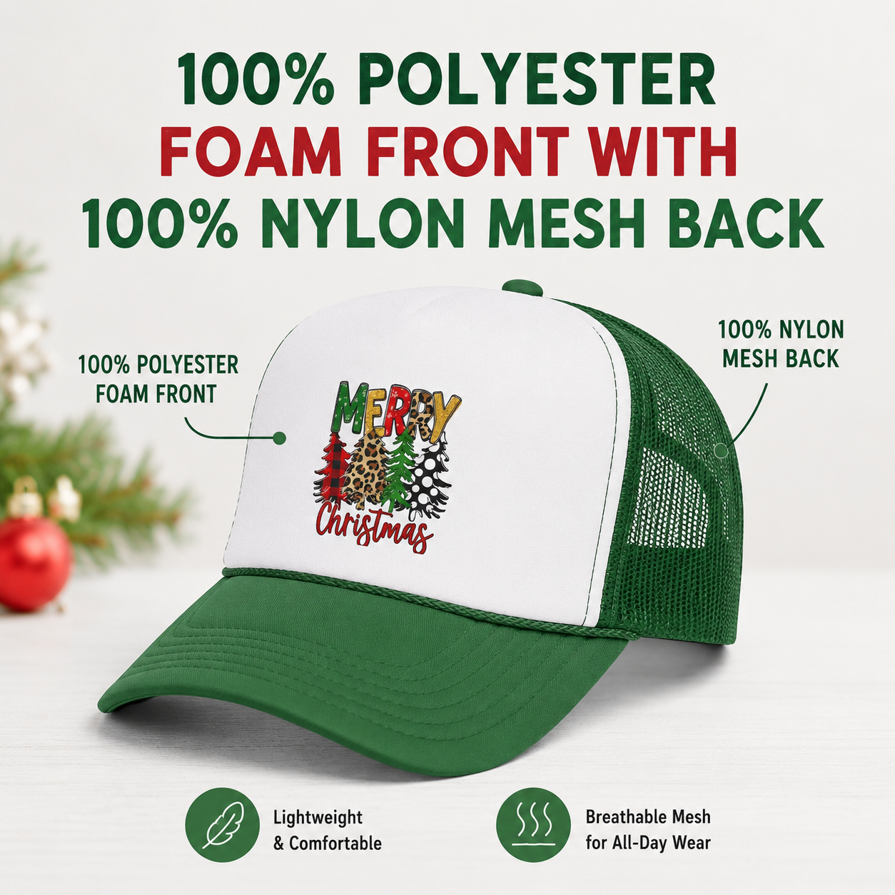 Retro Christmas Cap Vintage Holiday Style Trucker Hat Design Mesh Back Construction Mixed Pattern Christmas Tree Buffalo Plaid Leopard Print Polka Dot Details Foam Front Panel Adjustable Fit Casual Festive Headwear Perfect Christmas Gift