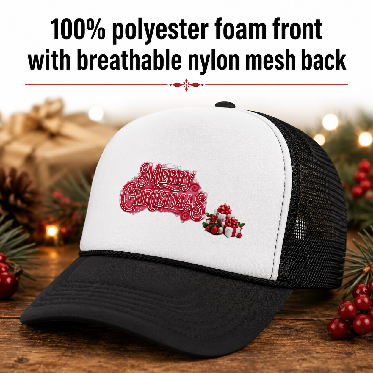 Merry Christmas Trucker Cap | Festive Holiday Mesh Hat | Designed by Osnel