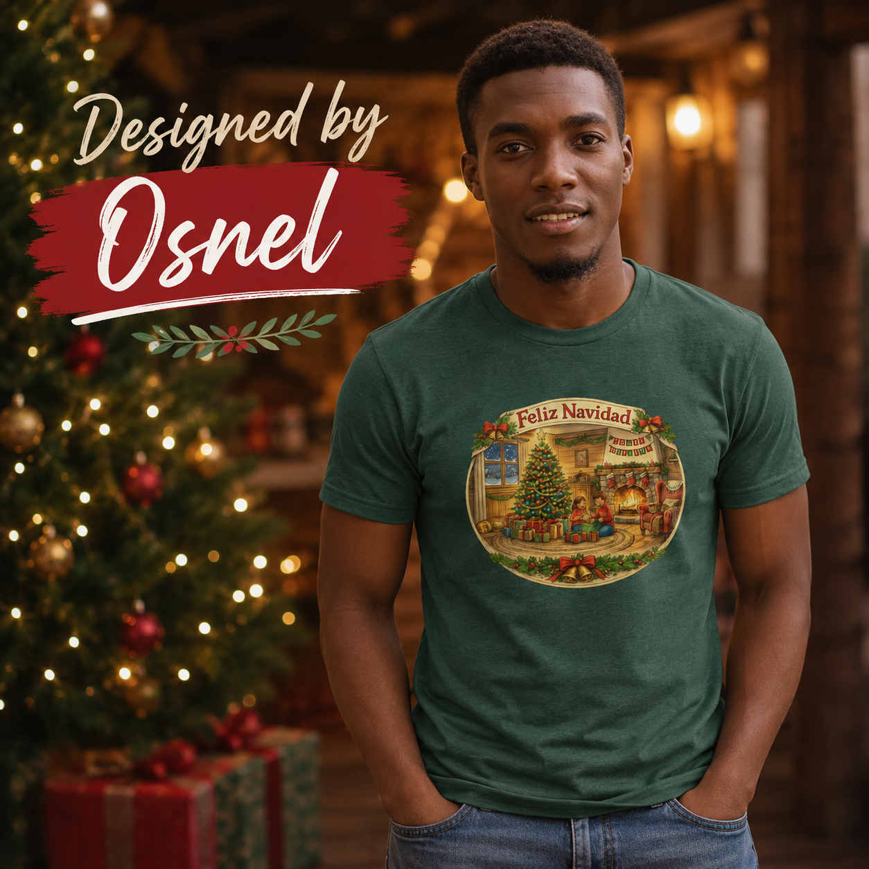 Feliz Navidad Vintage Christmas Living Room Unisex Tee – Designed by Osnel