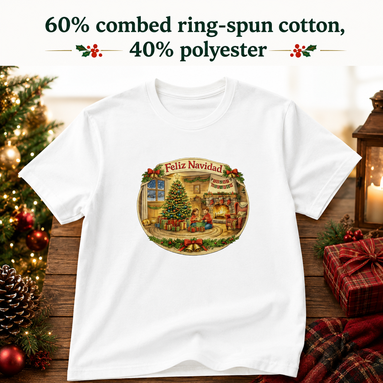 Feliz Navidad Vintage Christmas Living Room Unisex Tee – Designed by Osnel