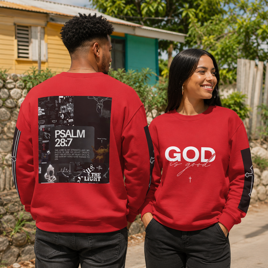 GOD Is Good Christian Crewneck Sweatshirt with Psalm 28:7 Design – Designed by Tony