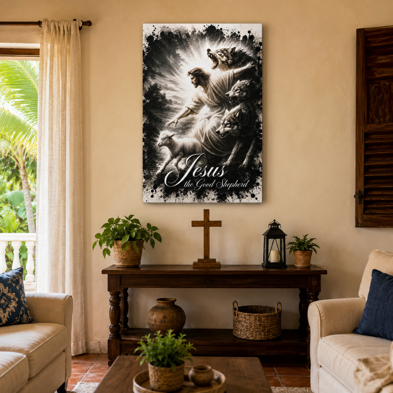 Jesus the Good Shepherd Canvas Wall Art – Christian Religious Wall Decor Featuring the Lamb and Wolves by Bioff