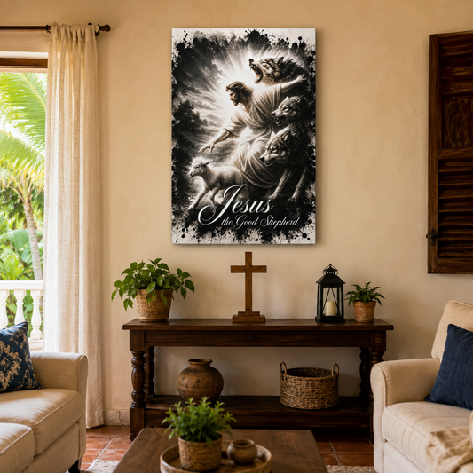 Jesus the Good Shepherd Canvas Wall Art – Christian Religious Wall Decor Featuring the Lamb and Wolves by Bioff