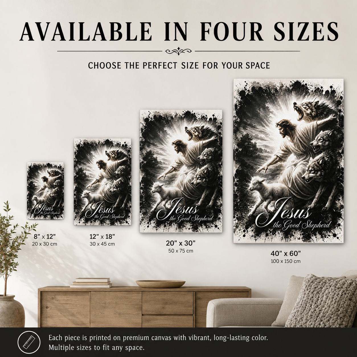 Jesus the Good Shepherd Canvas Wall Art – Christian Religious Wall Decor Featuring the Lamb and Wolves by Bioff