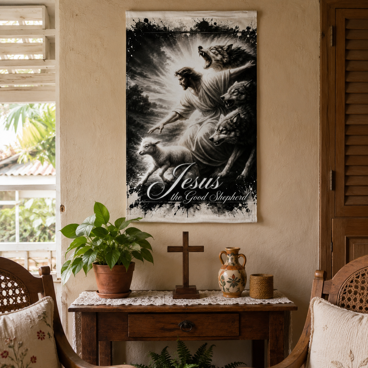 Jesus the Good Shepherd – Defender of the Flock Canvas Print art by Bioff