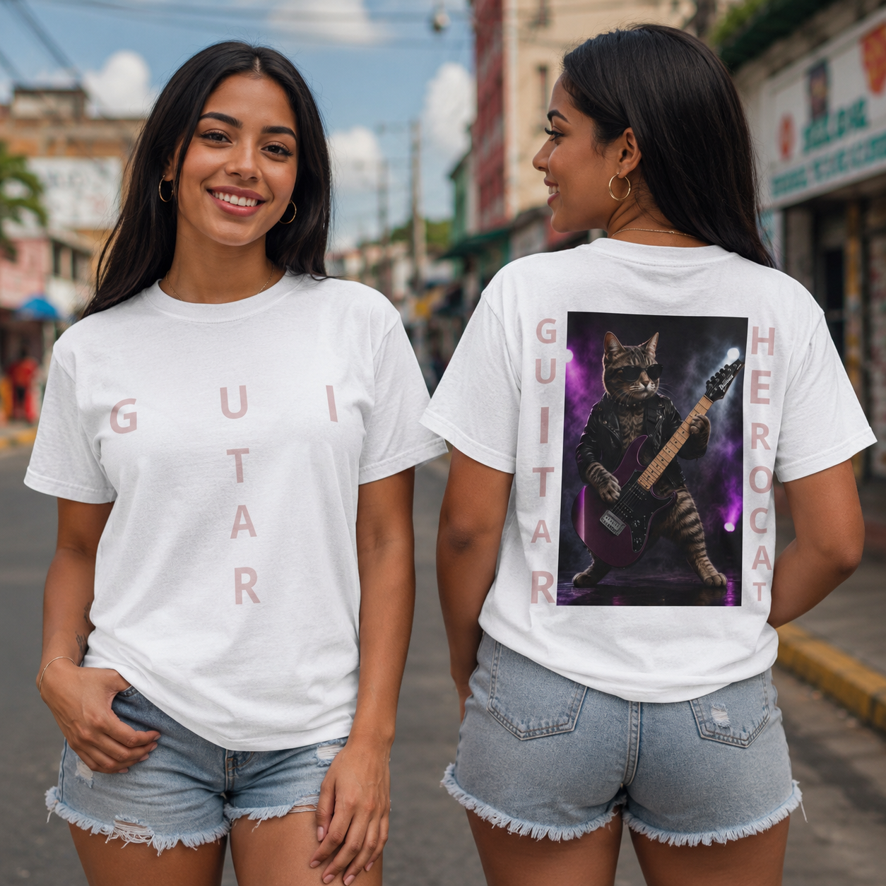 Retro Cat Playing Electric Guitar Graphic Tee - Designed by Osnel