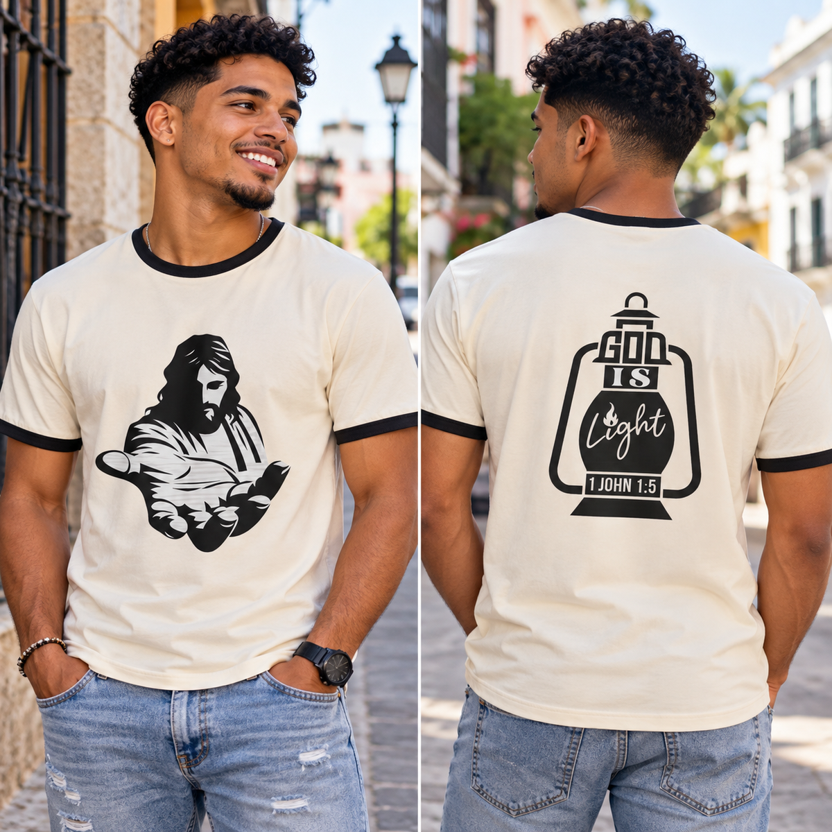 Jesus and God Is Light Ringer T-Shirt – Designed by Samuel