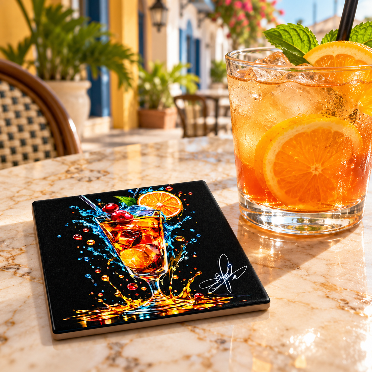 Tropical Cocktail Ceramic Coaster, 4" × 4" with Cork Backing – Designed by Bioff