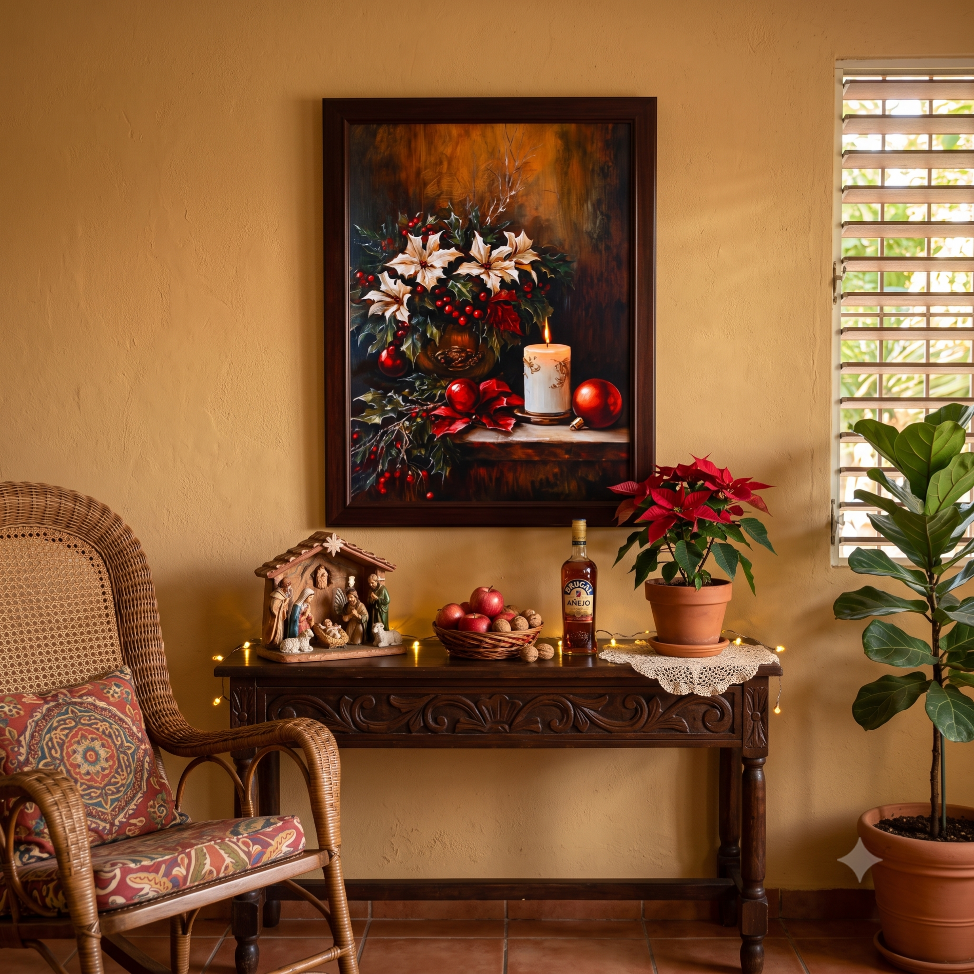 Christmas Canvas Art Rustic Farmhouse Style Holiday Wall Print Ivory Poinsettia Holly Berries Design Traditional Festive Artwork Glowing Ornaments Flickering Candle Warm Tones Seasonal Home Styling Living Room Display Ready To Hang Perfect
