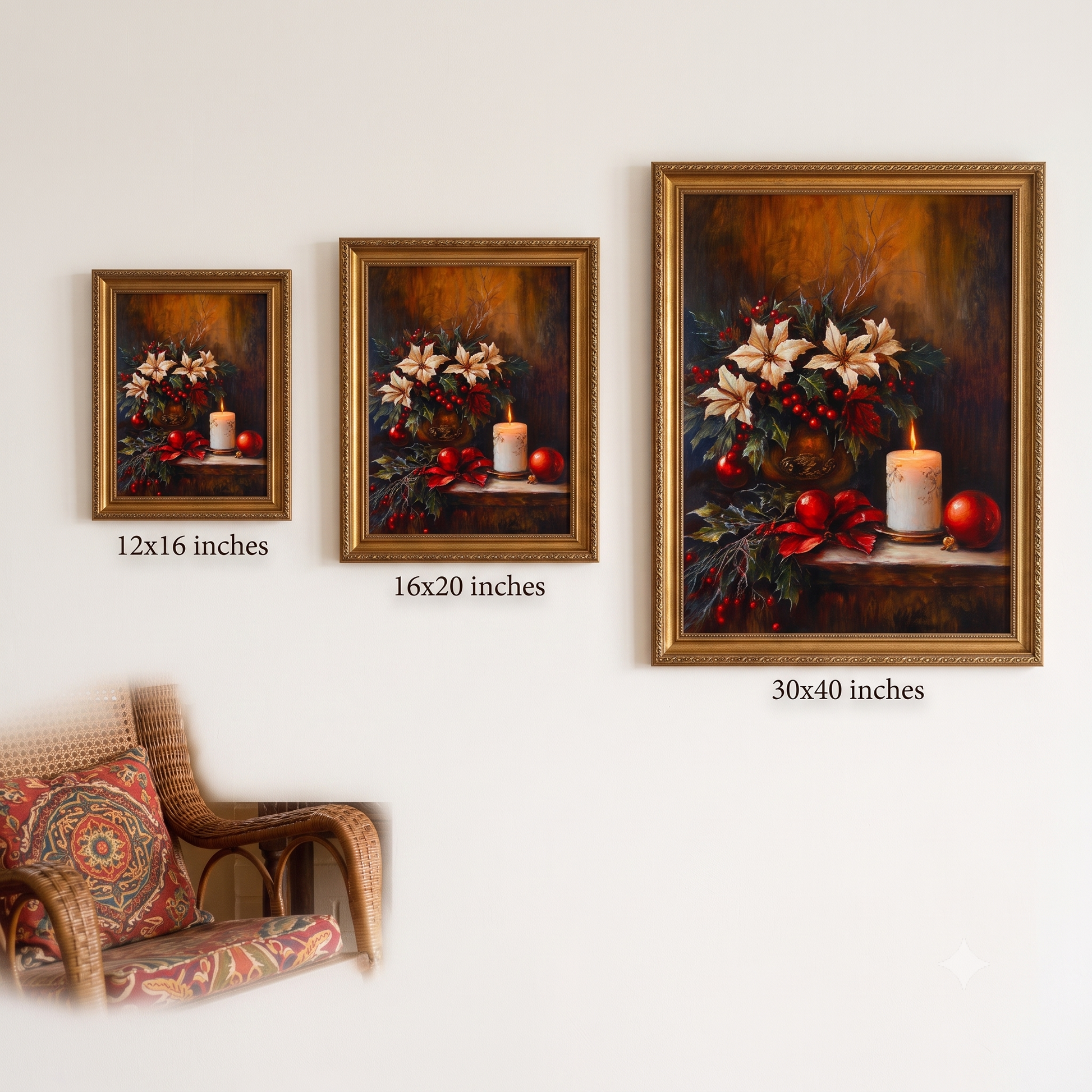 Poinsettia Wall Art Christmas Canvas Print Holly Berries Candle Design Rustic Holiday Artwork Ivory Flowers Red Berries Traditional Festive Style Warm Tones Seasonal Display Living Room Canvas Ready To Hang Perfect Christmas Gift Home
