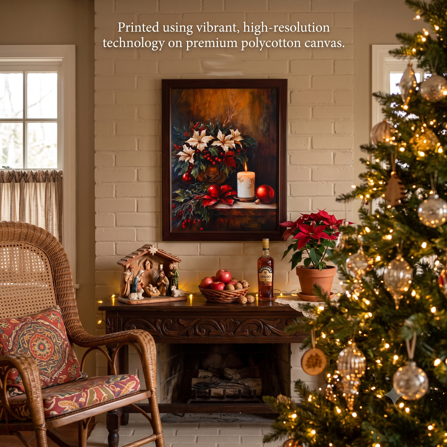 Holiday Wall Art Christmas Canvas Print Seasonal Home Styling Perfect Gift Idea Rustic Poinsettia Design Holly Berries Candle Artwork Traditional Festive Display Warm Tones Living Room Enhancement Ready To Hang Canvas Beautiful Holiday