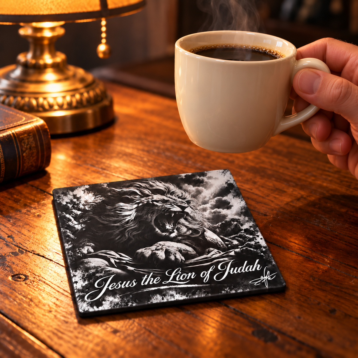 Jesus the Lion of Judah Ceramic Coaster, 4" × 4" with Cork Backing – Designed by Bioff