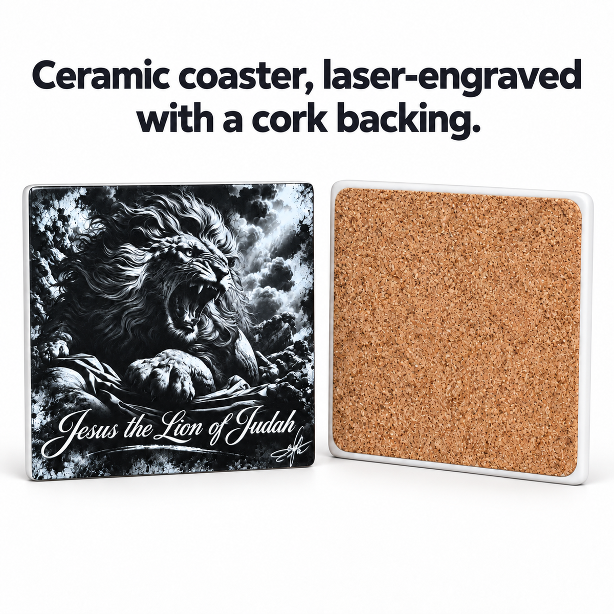 Jesus the Lion of Judah Ceramic Coaster, 4" × 4" with Cork Backing – Designed by Bioff