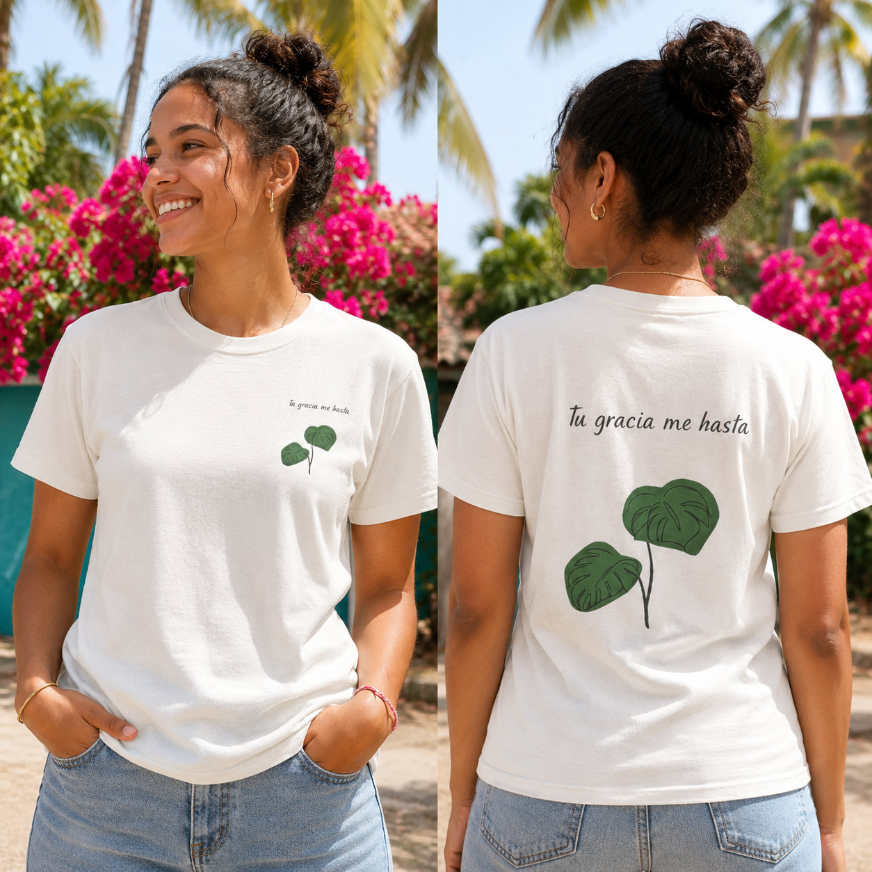 Monstera Leaf Tee — "tu gracia me basta" Spanish Plant Graphic T-Shirt by Ana