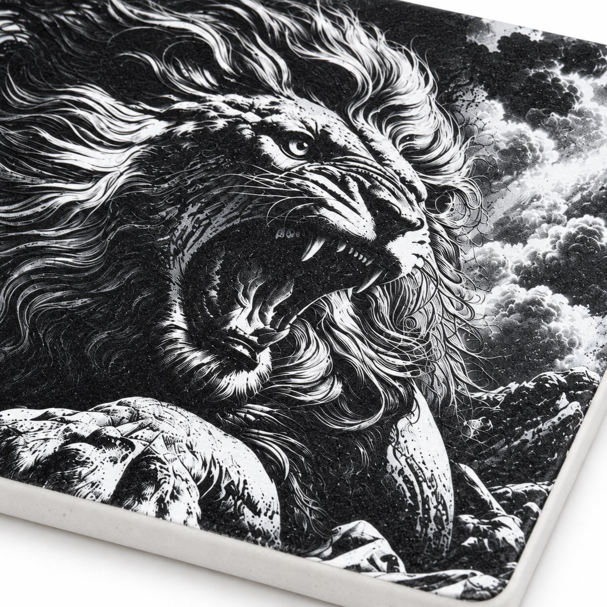 Jesus the Lion of Judah Ceramic Coaster, 4" × 4" with Cork Backing – Designed by Bioff