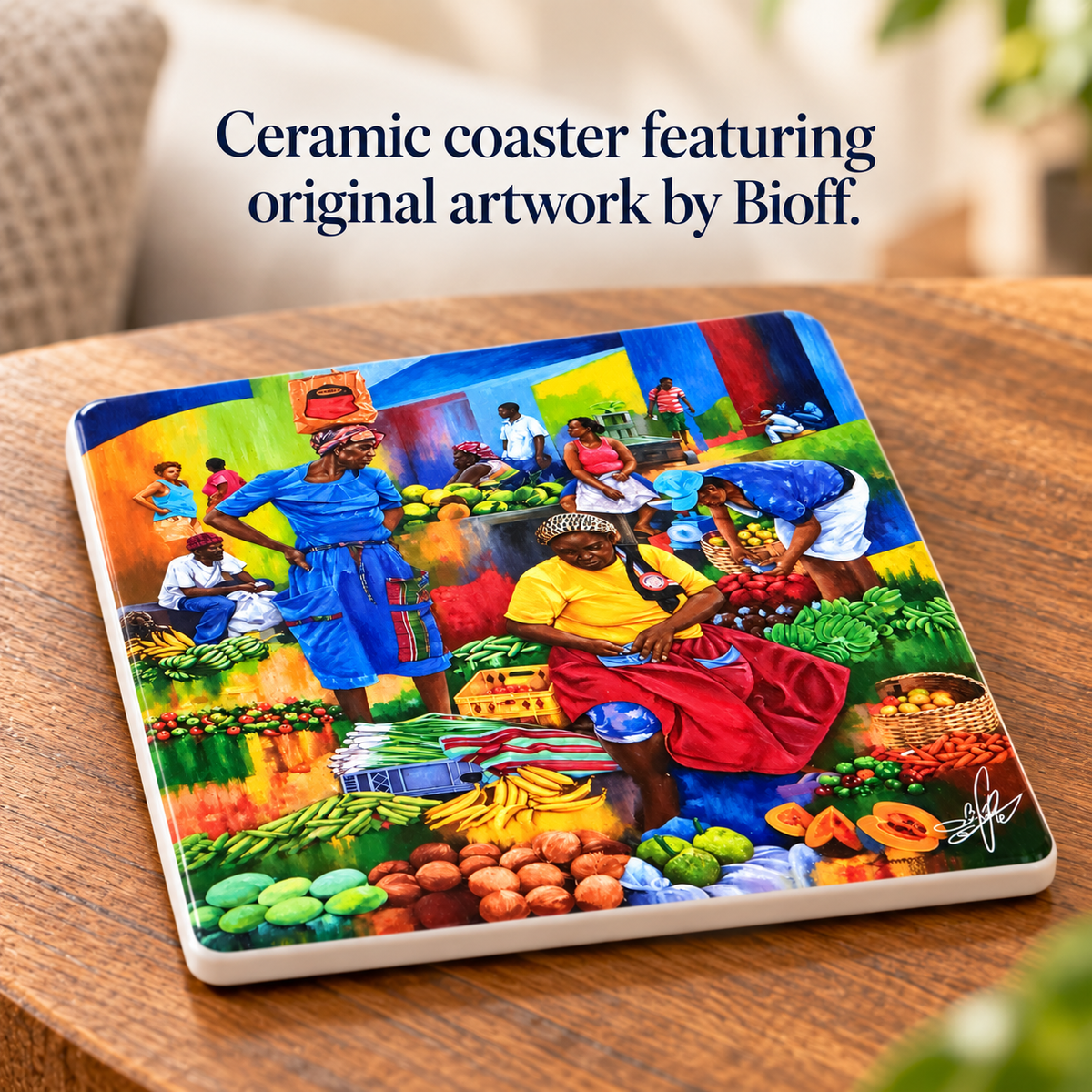 Marketplace Art Ceramic Coaster, 4.25" × 4.25" with Cork Backing — Designed by Bioff