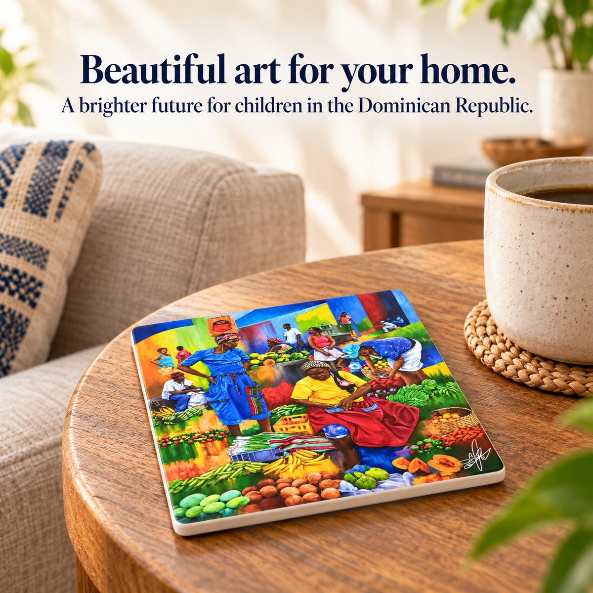 Marketplace Art Ceramic Coaster, 4.25" × 4.25" with Cork Backing — Designed by Bioff