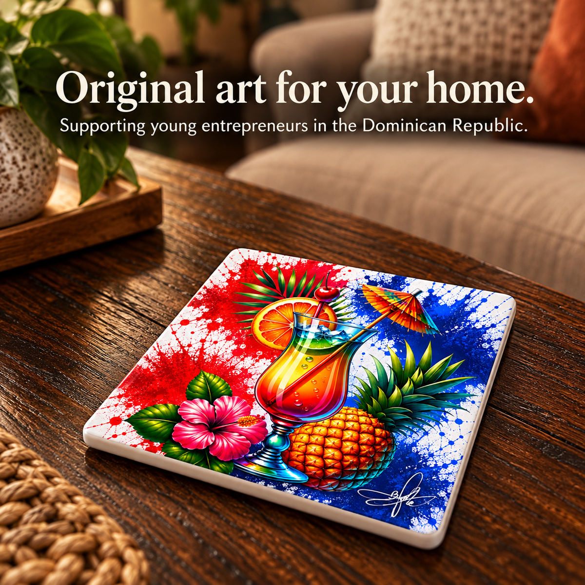 Tropical Cocktail Ceramic Coaster, 4.25" × 4.25" with Cork Backing — Designed by Bioff