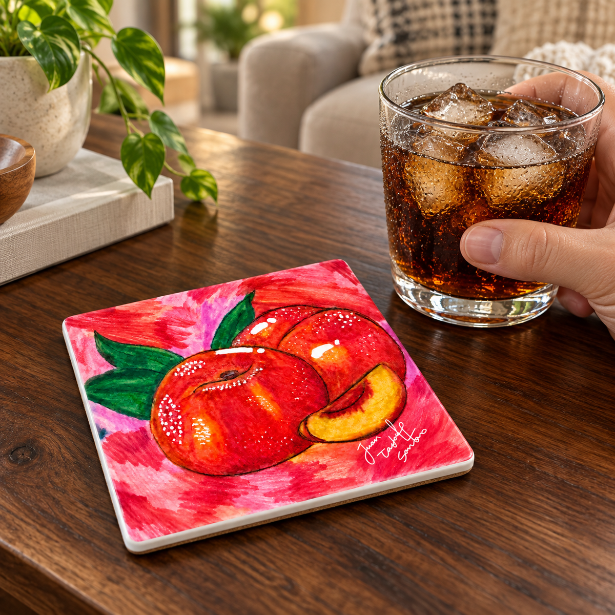 Peach Art Ceramic Coaster with Cork Backing – Designed by Juan David