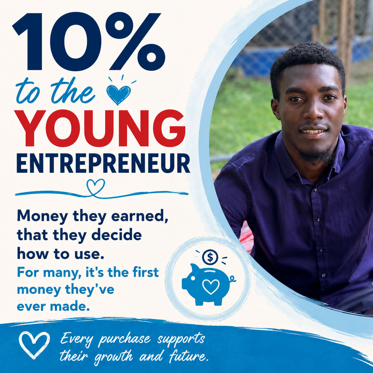 10% to the Young Entrepreneur. Text: Money they earned, that they decide how to use. For many, it's the first money they've ever made.