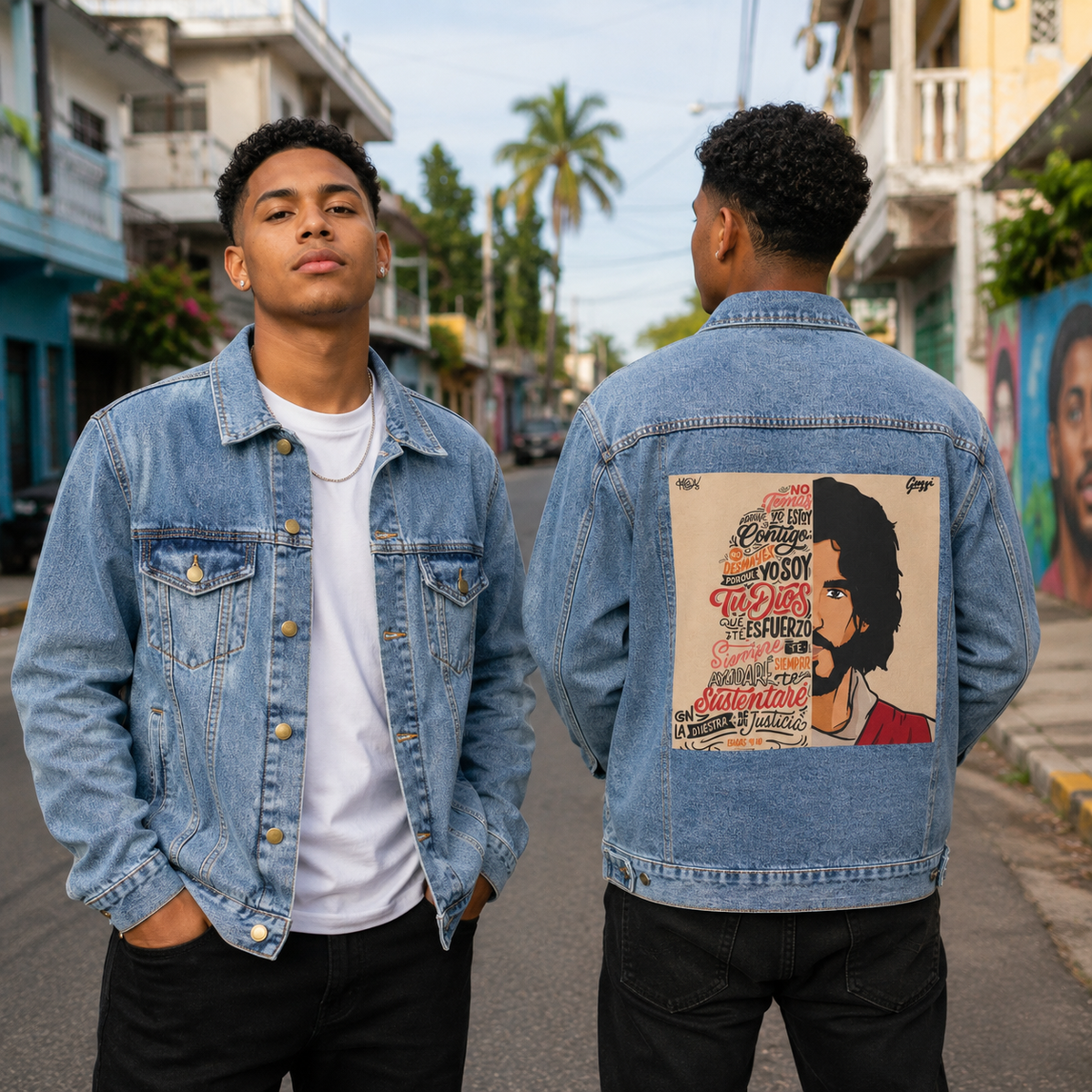 Faith-Inspired Spanish Scripture Graphic Denim Jacket – Designed by Samuel