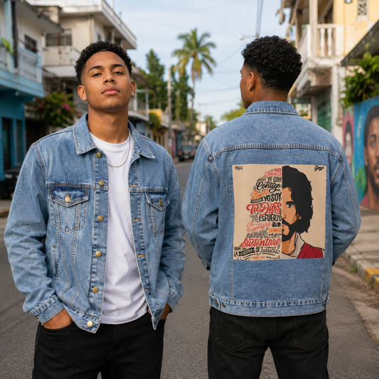 Faith-Inspired Spanish Scripture Graphic Denim Jacket – Designed by Samuel