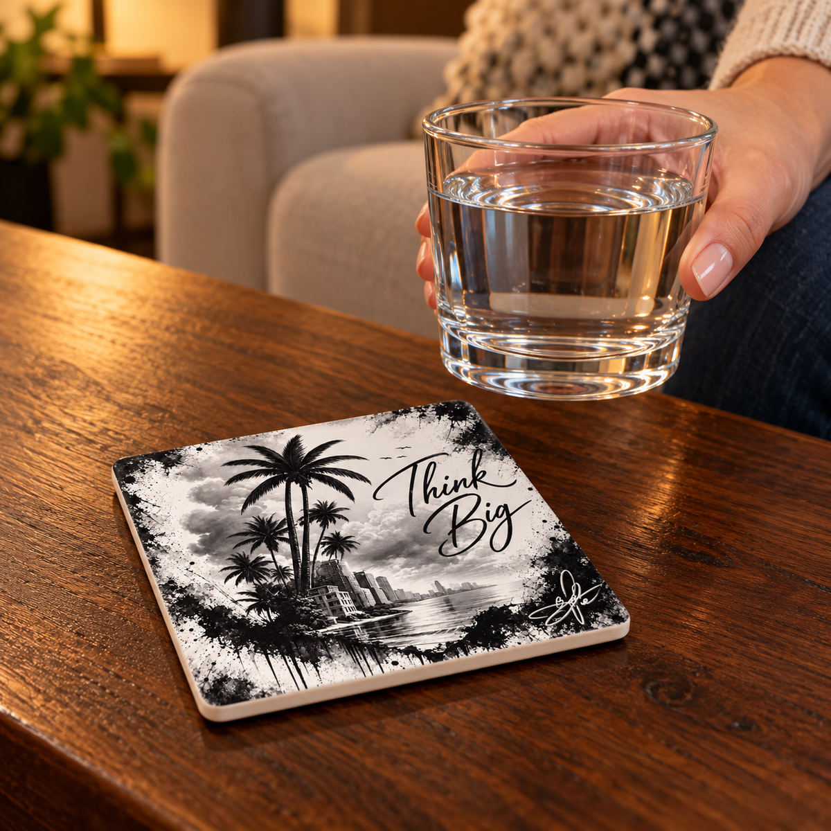 Think Big Ceramic Coaster, 4¼" × 4¼" with Cork Backing — Designed by Bioff