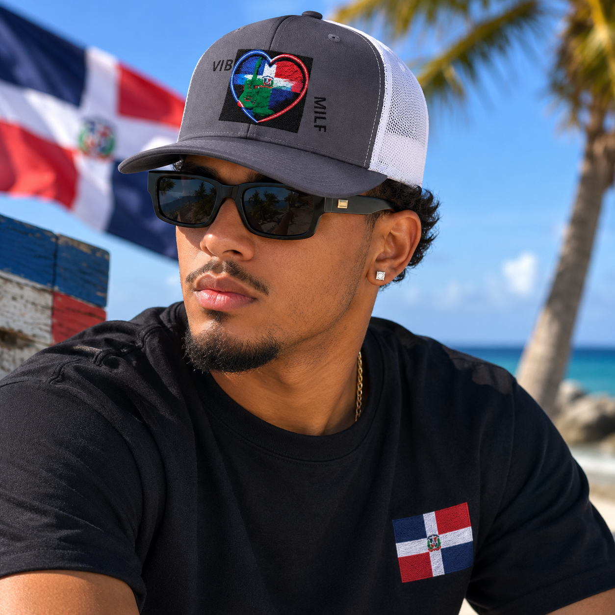 Dominican Flag Trucker Cap - Distressed Crest Snapback Hat designed by Osnel